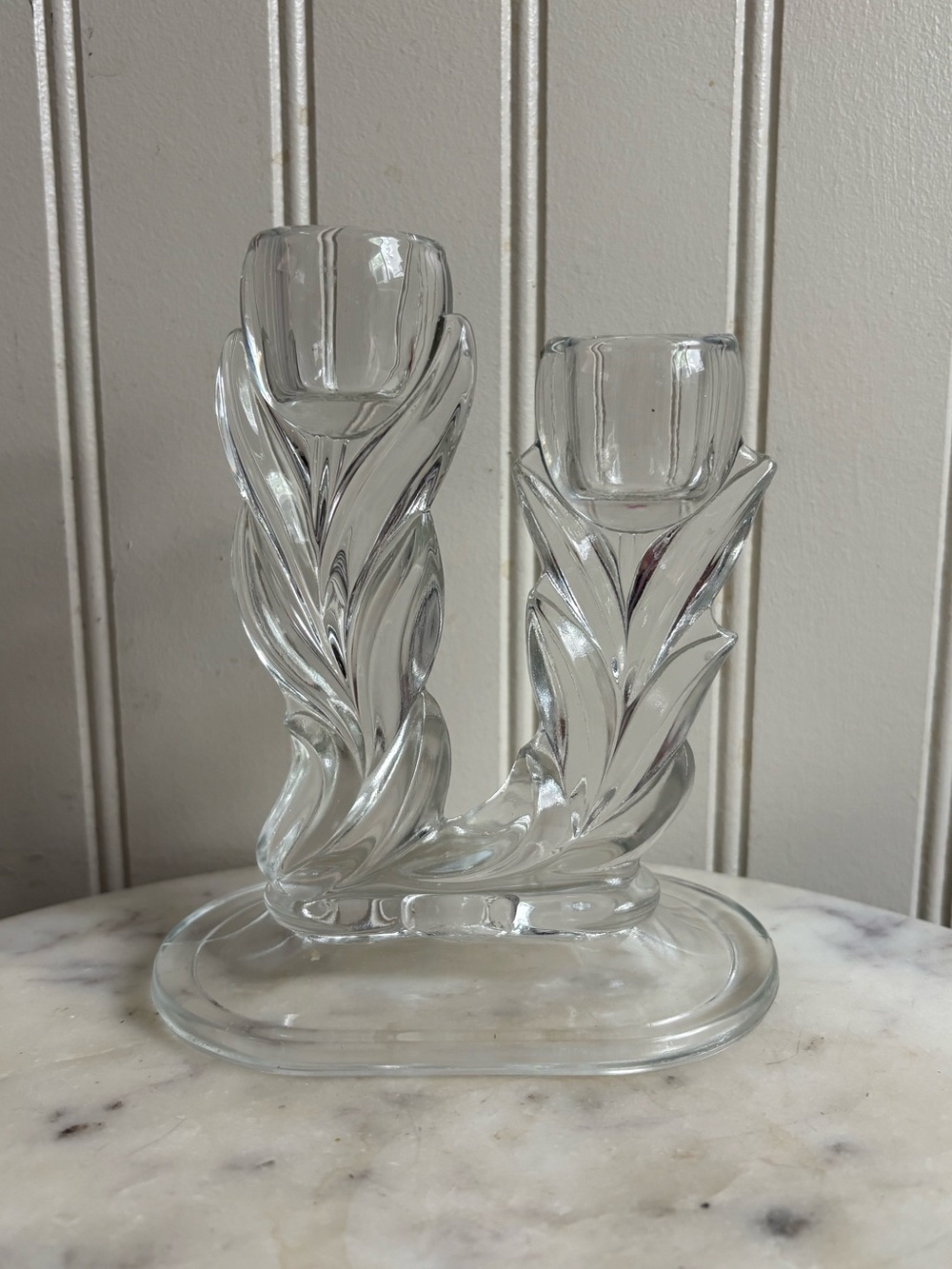 Vintage Indiana Glass Willow Tulip Clear Double Candleholder 5.5” VTG Retro Boho